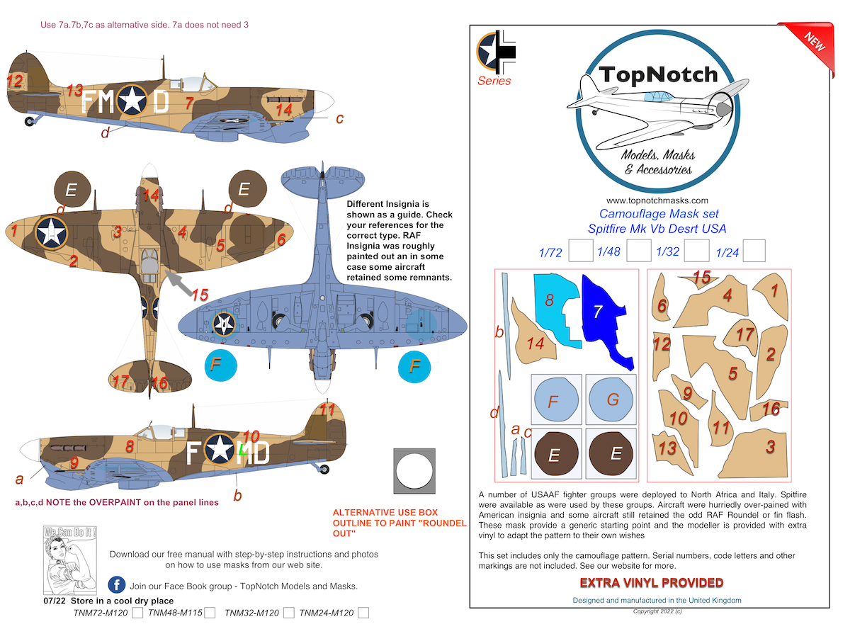 1/48 Supermarine Spitfire Mk.Vb Desert Usa camouflage paint mask - 1/48 ...